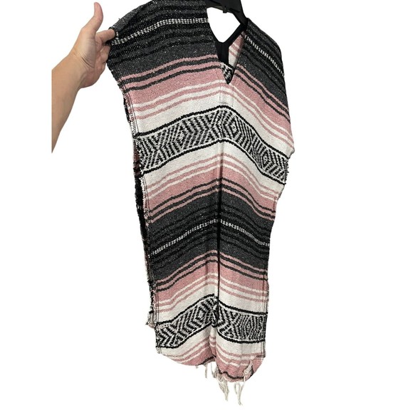 Blanket Poncho Multi Striped Fringes Southwestern Mexican By Frank Textiles - Picture 5 of 6